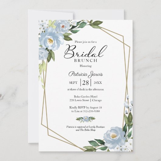 Geometric Dusty Blue Floral Bridal Brunch Einladung (Vorderseite)
