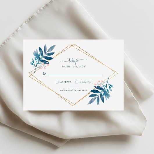 Geometric Dusty Blue Greenery Wedding RSVP Card Karte