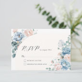 Geometric Dusty Blue Peach Floral Wedding RSVP Karte (Stehend Vorderseite)