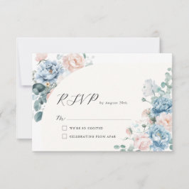Geometric Dusty Blue Peach Floral Wedding RSVP Karte