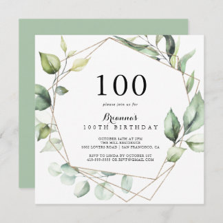 Geometric Elegant Gold Green 100. Geburtstagsparty Einladung