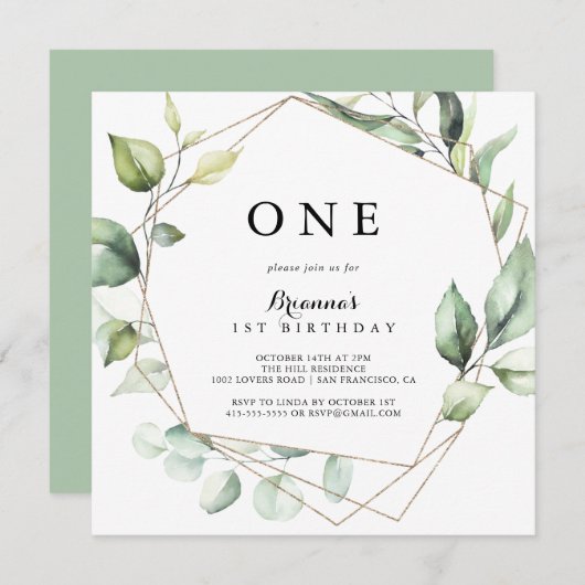 Geometric Elegant Gold Green First Birthday Party Einladung (Vorne/Hinten)