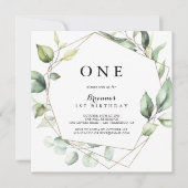 Geometric Elegant Gold Green First Birthday Party Einladung (Vorderseite)