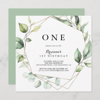 Geometric Elegant Gold Green First Birthday Party Einladung