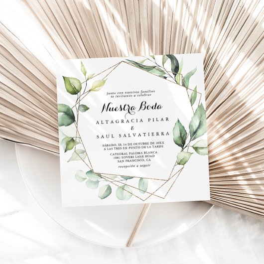 Geometric Elegant Gold Green Nuestra Boda Wedding Einladung