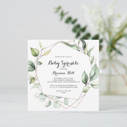 Geometric Elegant Gold Greenery Baby Sprinkle Einladung (Stehend Vorderseite)
