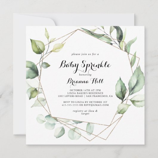 Geometric Elegant Gold Greenery Baby Sprinkle Einladung (Vorderseite)