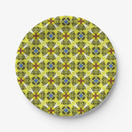 geometric floral pattern in yellow, blue, brown pappteller