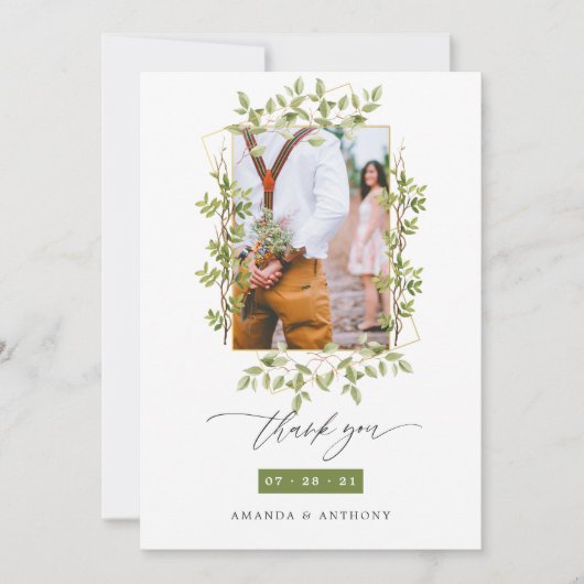 Geometric Forest Greenery Wedding Foto Collage Dankeskarte (Vorderseite)