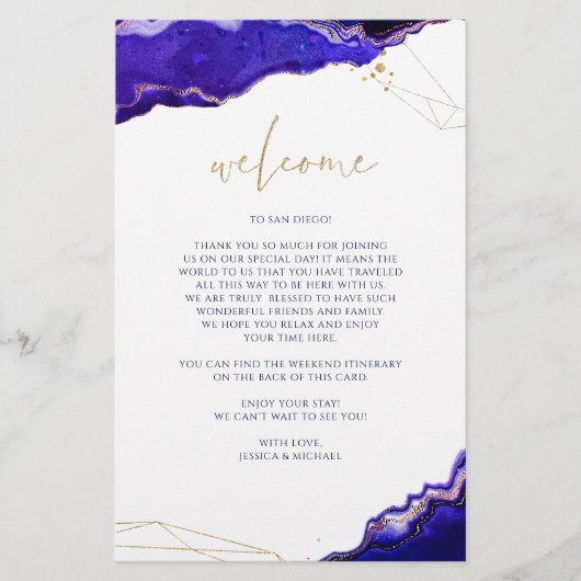 Geometric Geode Blue Wedding Welcome Itinerary (Vorderseite)