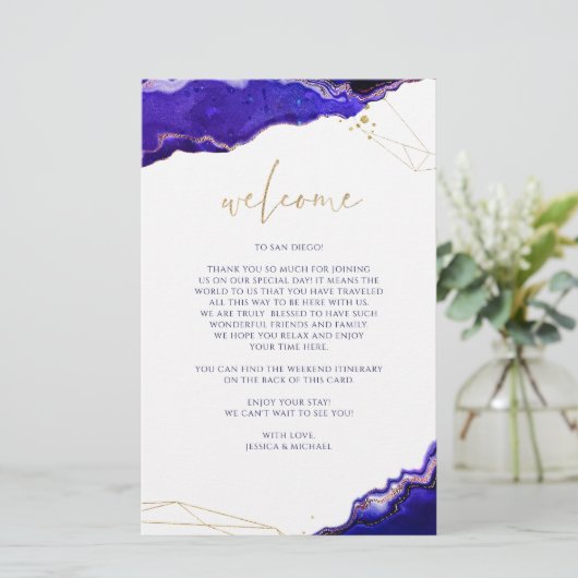 Geometric Geode Blue Wedding Welcome Itinerary (Stehend Vorderseite)