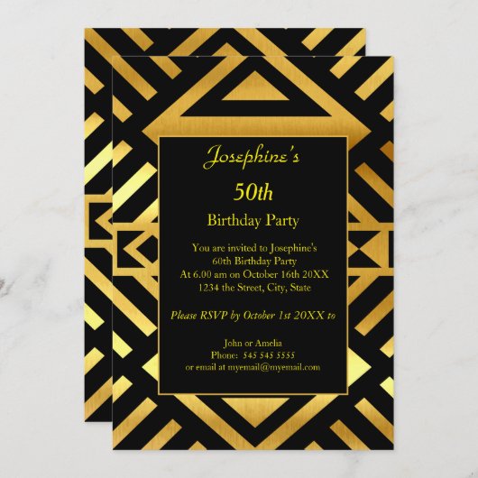 Geometric Gold Black 50. Geburtstagsparty Einladung (Vorne/Hinten)