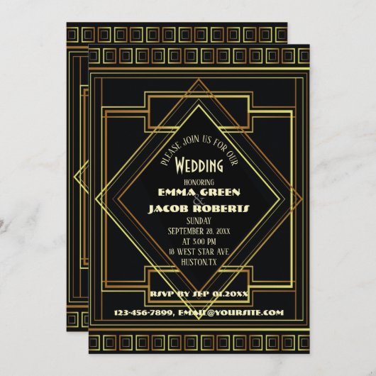 Geometric Gold Black Great Gatsby Art Deco Hochzei Einladung (Vorne/Hinten)