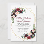 Geometric Gold Blue Burgundy Floral Wedding BR Einladung (Vorderseite)