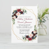 Geometric Gold Blue Burgundy Floral Wedding BR Einladung (Stehend Vorderseite)
