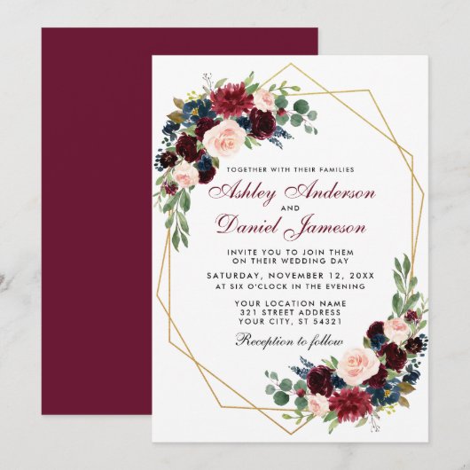 Geometric Gold Blue Burgundy Floral Wedding BR Einladung (Vorne/Hinten)