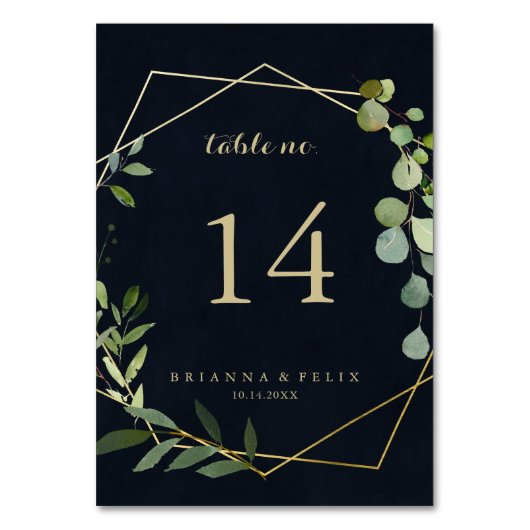 Geometric Gold Blue Green Calligraphy Wedding Tischnummer (Rückseite)