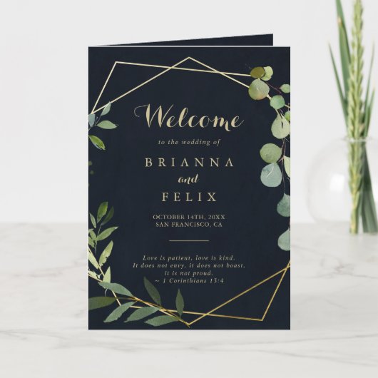 Geometric Gold Blue Green Folded Wedding Programm (Vorderseite)