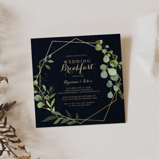 Geometric Gold Blue Green Wedding Breakfast Einladung