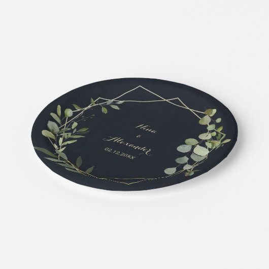 Geometric Gold Blue Green Wedding Paper Plate Pappteller (Schrägansicht)