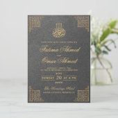 Geometric Gold Border Gray Islamic Wedding Einladung (Stehend Vorderseite)