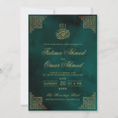Geometric Gold Border Green Islamic Wedding Einladung (Vorderseite)