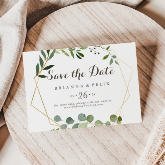 Geometric Gold Brown Green Horizontal Wedding Save The Date