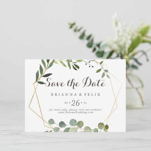 Geometric Gold Brown Green Horizontal Wedding Save The Date (Stehend Vorderseite)