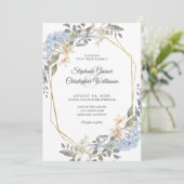 Geometric Gold Dusty Blue Floral Wedding Einladung (Stehend Vorderseite)