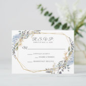 Geometric Gold Dusty Blue Floral Wedding RSVP Karte (Stehend Vorderseite)