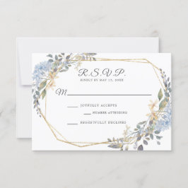 Geometric Gold Dusty Blue Floral Wedding RSVP Karte
