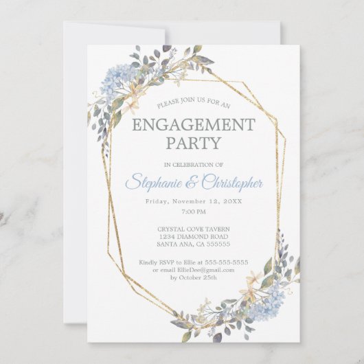 Geometric Gold Dusty Blue Florals Engagement Party Einladung (Vorderseite)
