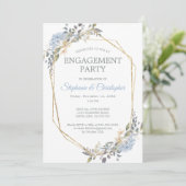 Geometric Gold Dusty Blue Florals Engagement Party Einladung (Stehend Vorderseite)