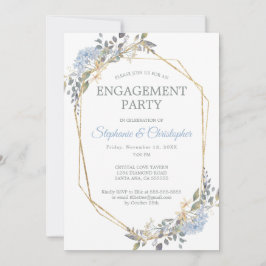Geometric Gold Dusty Blue Florals Engagement Party Einladung