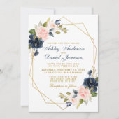 Geometric Gold Dusty Blue Pink Floral Wedding Einladung (Vorderseite)