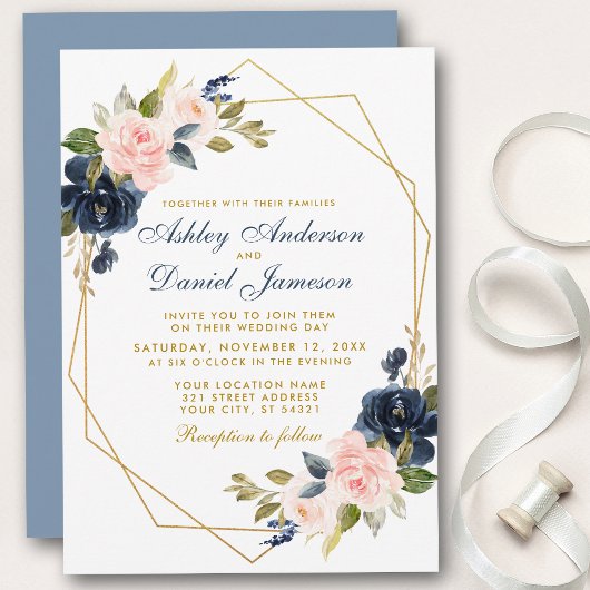 Geometric Gold Dusty Blue Pink Floral Wedding Einladung
