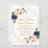 Geometric Gold Floral Blue Pink Blush Wedding Einladung (Vorderseite)