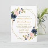 Geometric Gold Floral Blue Pink Blush Wedding Einladung (Stehend Vorderseite)