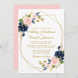 Geometric Gold Floral Blue Pink Blush Wedding Einladung