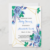 Geometric Gold Frame Blue Blütenbaby Dusche Einladung (Vorderseite)