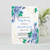 Geometric Gold Frame Blue Blütenbaby Dusche Einladung (Stehend Vorderseite)