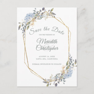 Geometric Gold Frame Dusty Blue Florals Rett Date Ankündigungspostkarte