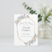 Geometric Gold Frame Dusty Blue Florals Rett Date Ankündigungspostkarte (Stehend Vorderseite)