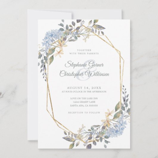 Geometric Gold Frame Dusty Blue Florals Wedding Einladung (Vorderseite)
