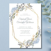 Geometric Gold Frame Dusty Blue Florals Wedding Einladung