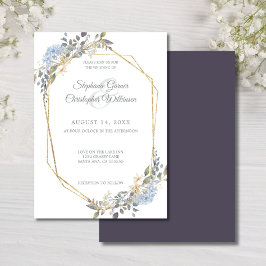 Geometric Gold Frame Dusty Blue Florals Wedding Einladung