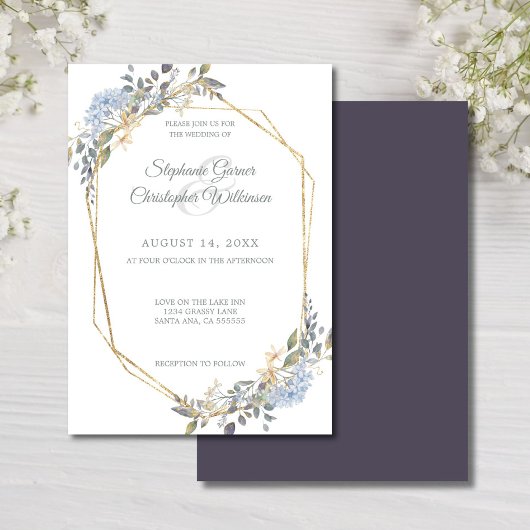 Geometric Gold Frame Dusty Blue Florals Wedding Einladung