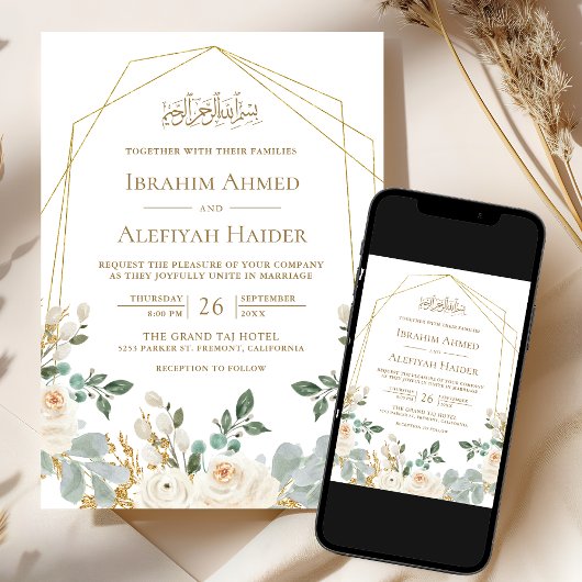 Geometric Gold Frame Ivory Floral Ismic Wedding Einladung