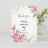 Geometric Gold Frame Pink Floral vielen Dank Einladung (Stehend Vorderseite)
