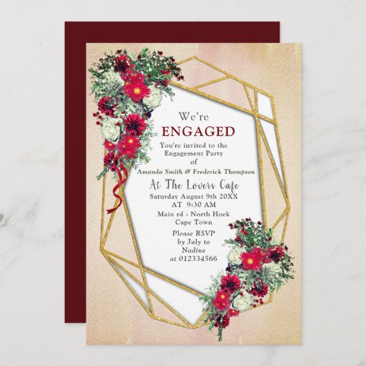 Geometric - Gold Glitzer Burgundy Bouquets Einladung (Vorne/Hinten)